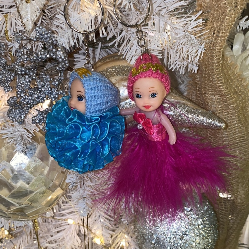 2 baby doll Christmas tree ornaments or keychains pink feather blue ribbon ball‌ - Picture 14 of 16
